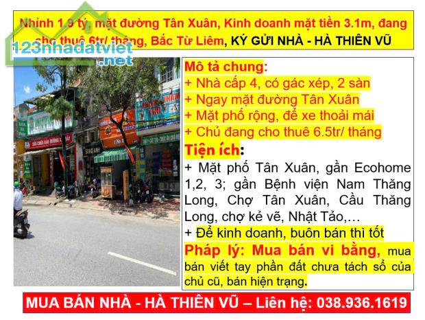 Nhỉnh 1.9 tỷ, mặt đường Tân Xuân, Kinh doanh mặt tiền 3.1m, đang cho thuê 6tr/ tháng - 4