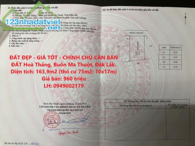 ĐẤT ĐẸP - GIÁ TỐT - CHÍNH CHỦ CẦN BÁN LÔ ĐẤT Hoà Thắng, Buôn Ma Thuột, Đắk Lắk.