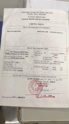 bán nhà lưu hữu Phước , phường 15, quận 8. Tổng diện tích 86.8m, ngang 5.5mx18m, nhà cấp 4