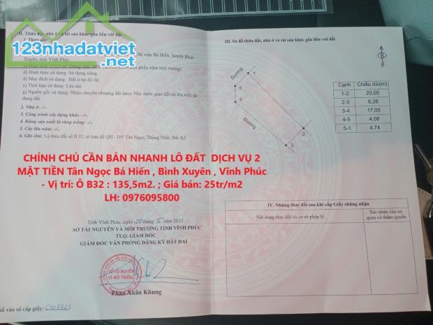 CHÍNH CHỦ CẦN BÁN NHANH LÔ ĐẤT  DỊCH VỤ 2 MẶT TIỀN Tân Ngọc Bá Hiến , Bình Xuyên , Vĩnh