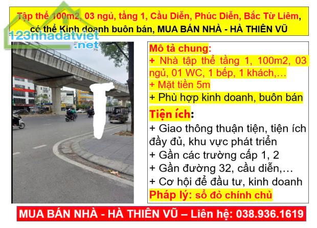 Tập thể 100m2, 03 ngủ, tầng 1, Cầu Diễn, Phúc Diễn, Bắc Từ Liêm, Kinh doanh buôn bán