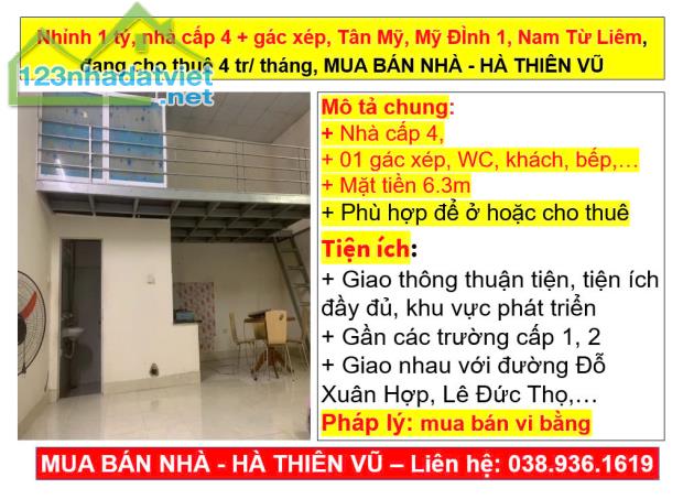 Nhỉnh 1 tỷ, nhà cấp 4 + gác xép, Tân Mỹ, Mỹ ĐÌnh 1, Nam Từ Liêm, đang cho thuê 4 tr/ tháng - 4