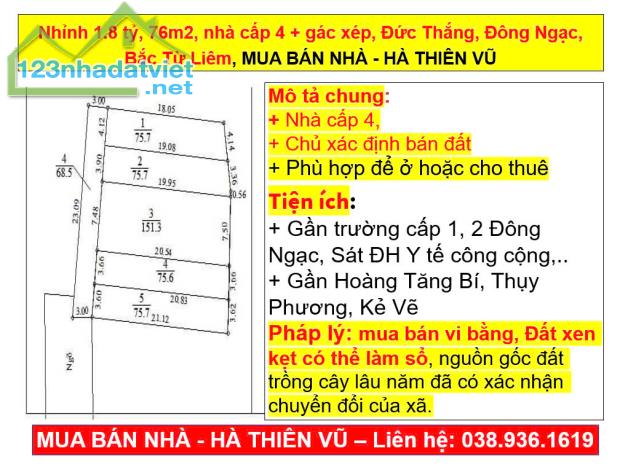 Nhỉnh 1.8 tỷ, 76m2, nhà cấp 4 + gác xép, Đức Thắng, Đông Ngạc, Bắc Từ Liêm, MUA BÁN NHÀ