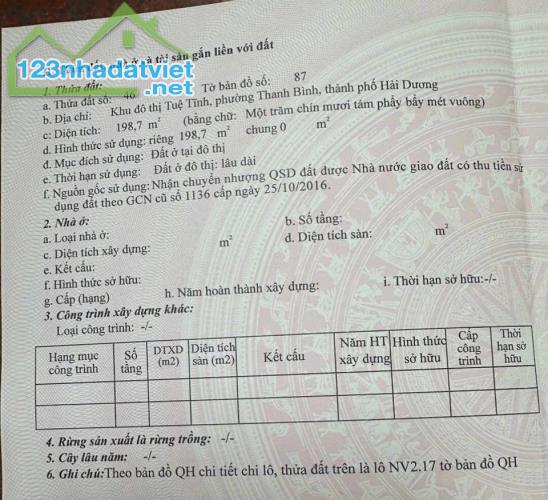 Bán đất lô góc nhà vườn KĐT Tuệ Tĩnh, TP Hải Dương 198.7m2, 2 mặt đường, vị trí đẹp - 1