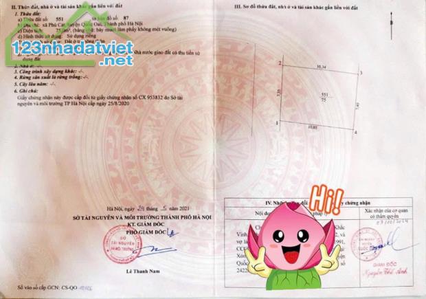 Cắt lỗ bán 75m2 full thổ cư tại phú cát quốc oai ngay gần nhà máy in tiền quốc gia