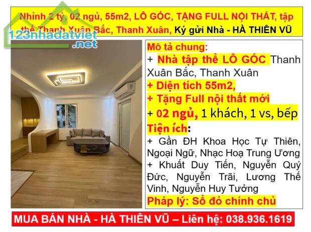 Nhỉnh 2 tỷ, 02 ngủ, 55m2, LÔ GÓC, TẶNG FULL NỘI THẤT, tập thể Thanh Xuân Bắc, Thanh Xuân - 5