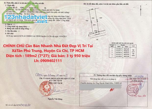 CHÍNH CHỦ Cần Bán Nhanh Nhà Đất Đẹp Vị Trí Tại Xã Tân Phú Trung, Huyện Củ Chi, TP HCM - 4