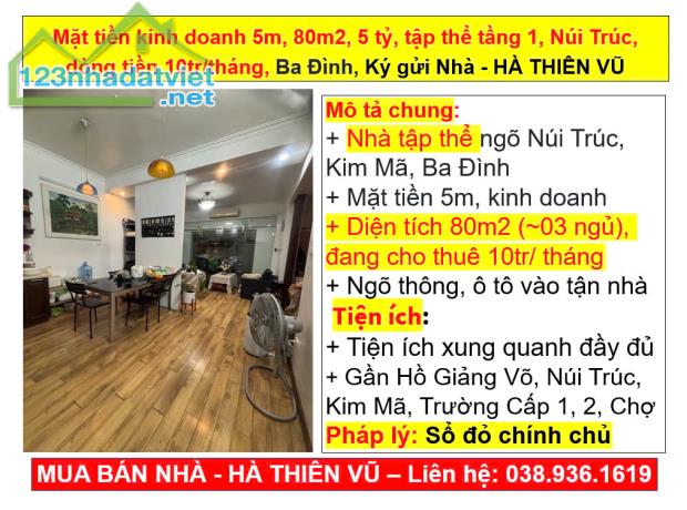 Mặt tiền kinh doanh 5m, 80m2, 5 tỷ, tập thể tầng 1, Núi Trúc, dòng tiền 10tr/tháng,Ba Đình