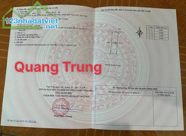 Chính chủ bán gấp lô đất mặt phố Quang Trung, Hội Hợp 95m2 MT5m full thổ cư sđcc 3,25 tỷ