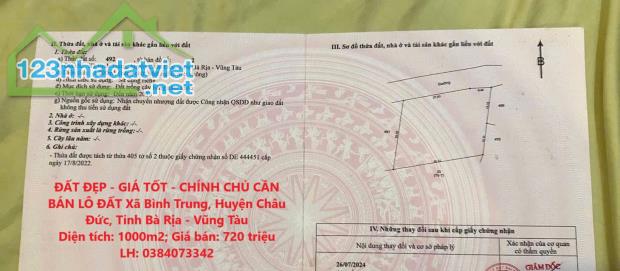 ĐẤT ĐẸP - GIÁ TỐT - CHÍNH CHỦ CẦN BÁN LÔ ĐẤT Xã Bình Trung, Huyện Châu Đức, Tỉnh Bà Rịa -