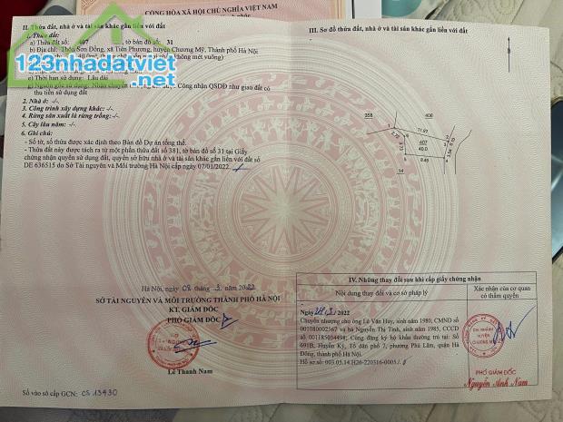 Bán lô đất 40m2 tại Tiên Phương, Chương Mỹ, Hà Nội chỉ 1x tỷ
