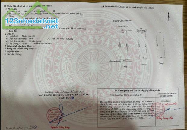 Chính chủ Bán nhà 3 tầng. Đường Cao Xuân Dục, quận Hải Châu. Đà Nẵng. LH 0905 277 522 - 4