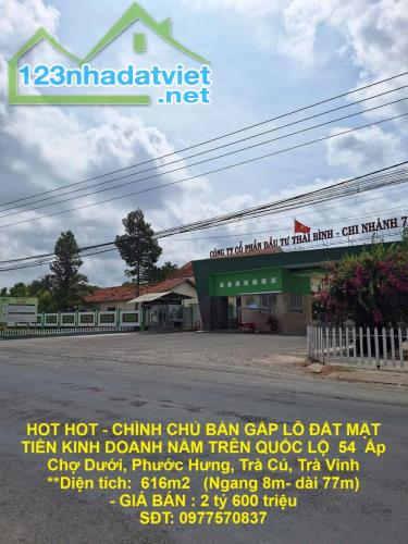 HOT HOT - CHÍNH CHỦ BÁN GẤP LÔ ĐẤT MẶT TIỀN KINH DOANH Ấp Chợ Dưới, Phước Hưng, Trà Cú,