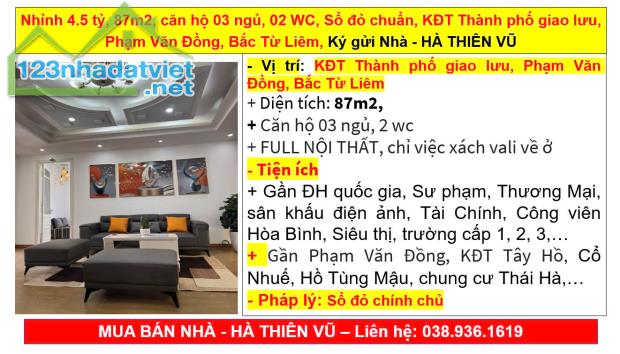 Nhỉnh 4.5 tỷ, 87m2, căn hộ 03 ngủ, 02 WC, Sổ đỏ, KĐT Thành phố giao lưu, Phạm Văn Đồng - 5