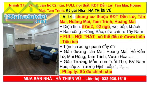 Nhỉnh 3 tỷ, 57m2, căn hộ 02 ngủ, FULL nội thất, KĐT Đền Lừ, Tân Mai, Hoàng Mai, Tam Trinh, - 5