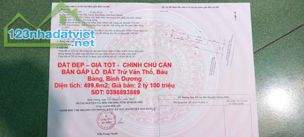 ĐẤT ĐẸP – GIÁ TỐT -  CHÍNH CHỦ CẦN BÁN GẤP LÔ  ĐẤT Trừ Văn Thố, Bàu Bàng, Bình Dương