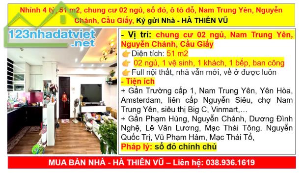 Nhỉnh 4 tỷ, 51 m2, chung cư 02 ngủ, sổ đỏ, ô tô đỗ, Nam Trung Yên, Nguyễn Chánh, Cầu Giấy, - 5