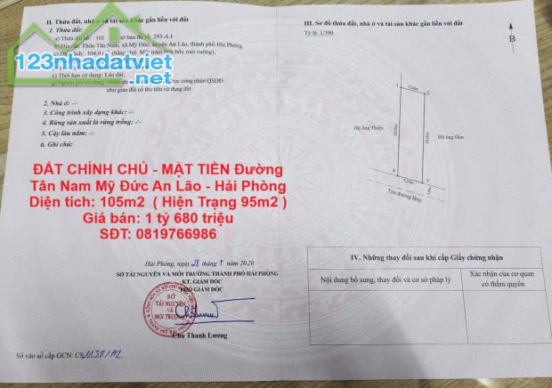 ĐẤT CHÍNH CHỦ - MẶT TIỀN Đường Tân Nam Mỹ Đức An Lão - Hải Phòng
