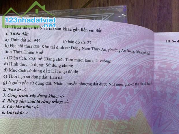 Bán đất 85m2 KQH Đông Nam Thủy An, cạnh Siêu thị Aeon Mall, TP Huế, chỉ 3,3 tỷ - 1