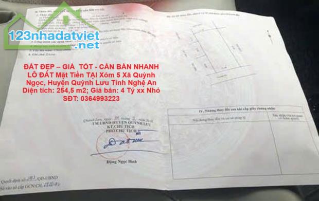 ĐẤT ĐẸP – GIÁ  TỐT - CẦN BÁN NHANH LÔ ĐẤT Mặt Tiền TẠI Xóm 5 Xã Quỳnh Ngọc, Huyện Quỳnh