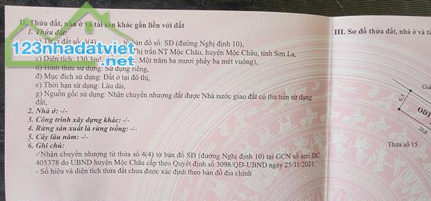 CHÍNH CHỦ CẦN BÁN ĐẤT Ở Thị trấn Nông trường Mộc Châu- H.  Mộc Châu- T.Sơn La  130m2 sau - 2