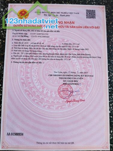 ĐẤT CHÍNH CHỦ - 2 LÔ LIỀN KÊ - Tổ 3 KP Khánh Vân, P. Khánh Bình, TP Tân Uyên, Tỉnh Bình