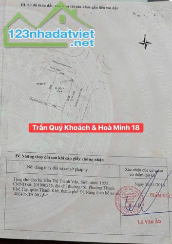 Bán đất GÓC 2MT đường Trần Qúy Khoách & Hòa Minh 18 - 2