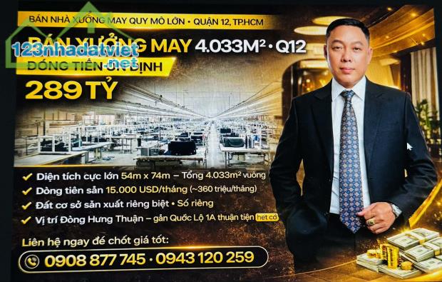 Xưởng May Đông Hưng Thuận Q12 Gần QL1A - 4033m2 Dòng Tiền 360tr/th Chỉ 289 Tỷ
