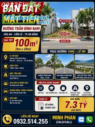 Chính chủ bán đất Trần Đình Nam  đường 10m5 - Hoà An Cẩm Lệ - Giá 7 tỷ 2 - LH 0932514255
