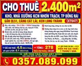 CHO THUÊ 2400m2 KHO, NHÀ XƯỞNG KCN NHƠN TRẠCH, ĐỒNG NAI GẦN QL51, CẢNG CÁT LÁI, LONG THÀNH