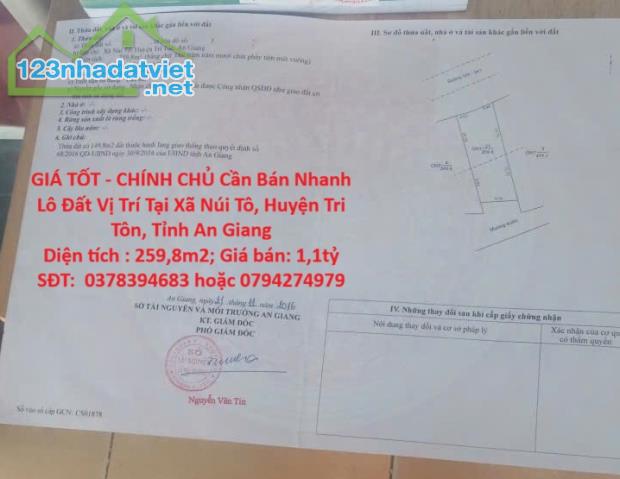 GIÁ TỐT - CHÍNH CHỦ Cần Bán Nhanh Lô Đất Vị Trí Tại Xã Núi Tô, Huyện Tri Tôn, Tỉnh An