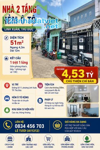 NHÀ 2 TẦNG ĐƯỜNG SỐ 11, LINH XUÂN - HẺM Ô TÔ - VỊ TRÍ THUẬN TIỆN - 4,53 TỶ