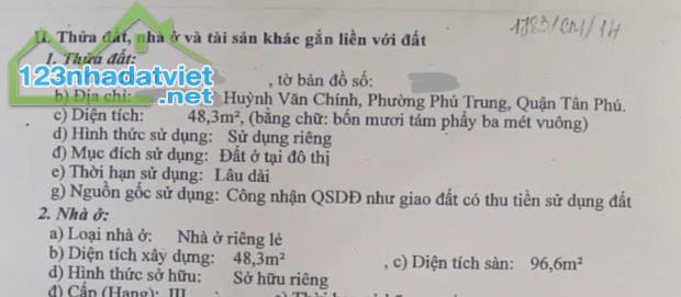 Bán nhà Huỳnh Văn Chính Tân Phú – ngang 4,2m, hẻm thông, giá 4,6 tỷ